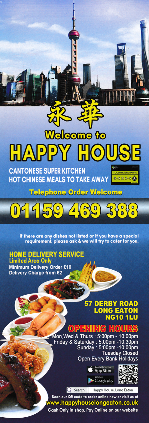Menu for Happy House Chinese and Cantonese food takeaway in Long Eaton