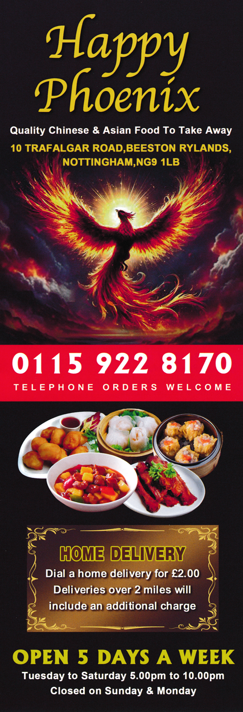 Menu for Happy Phoenix Chinese food takeaway on Trafalgar Road in Beeston Rylands, Nottingham NG9 1LB