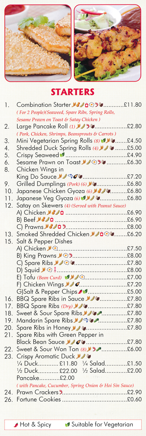 Menu for Happy Phoenix - Spare Ribs, Butterfly King Prawns, Crispy Aromatic Duck, Thai Fish Cakes, Sesame Prawn on Toast, Crispy Seaweed..