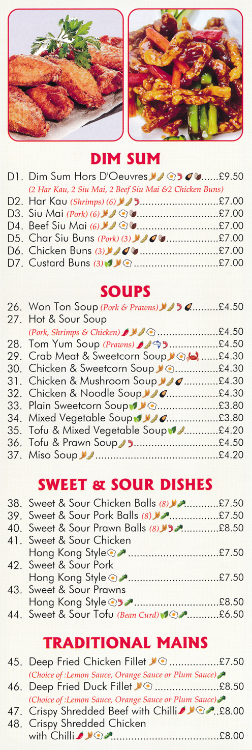 Menu for Happy Phoenix - Hot & Sour Soup, Sweet & Sour Pork Balls, Crispy Shredded Beef with Chilli, Dim Sum, Chicken Buns, Har Kau, Sweet & Sour Chicken Balls..