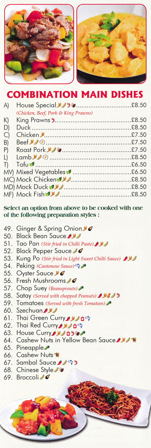 Menu for Happy Phoenix - Thai Red Curry, Thai Green Curry, Kung Po, Chop Suey, Chinese Style, Satay Sauce Dishes..