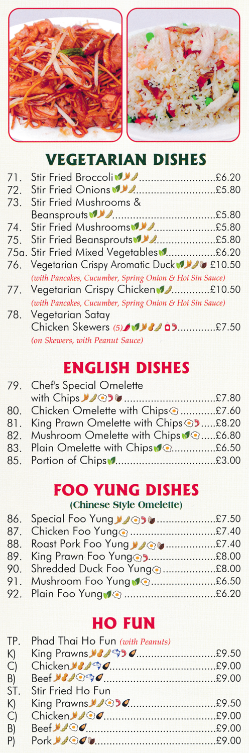 Menu for Happy Phoenix - Chicken Foo Yung, Ho Fun and Udon Dishes, Phad Thai Ho Fun, Mushroom Omelette, King Prawns Stir Fried Udon..