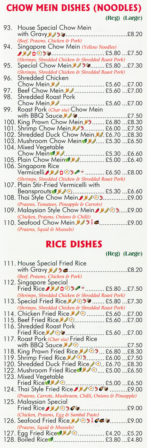 Menu for Happy Phoenix - Singpaore Chow Mein, Shredded Duck Chow Mein, Chicken Fried Rice, Thai Style Fried Rice, Shredded Pork Chow Mein..