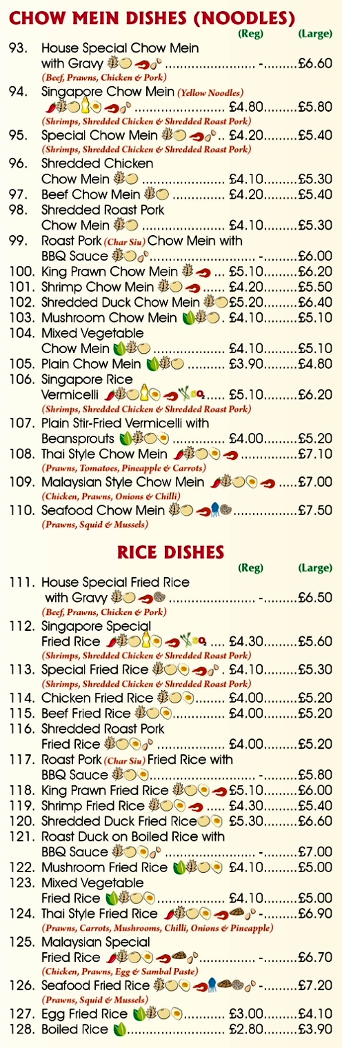Menu for Happy Phoenix - Singpaore Chow Mein, Shredded Duck Chow Mein, Chicken Fried Rice, Thai Style Fried Rice, Shredded Pork Chow Mein..