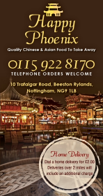 Menu for Happy Phoenix Chinese food takeaway on Trafalgar Road in Beeston near Nottingham NG9 1LB