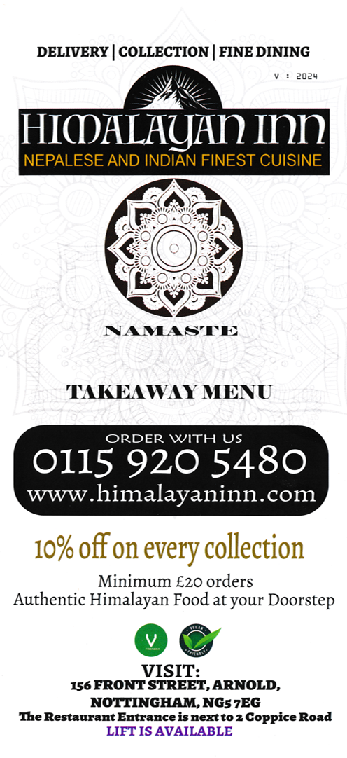 Takeaway menu for Himalayan Inn Nepalese and Indian restaurant in Arnold, Nottingham NG5 7EG