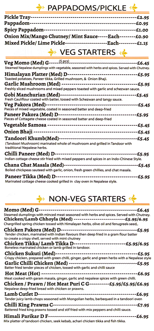 Takeaway menu for Himalayan Inn Nepalese and Indian restaurant on Front Street in Arnold NG5 7EG