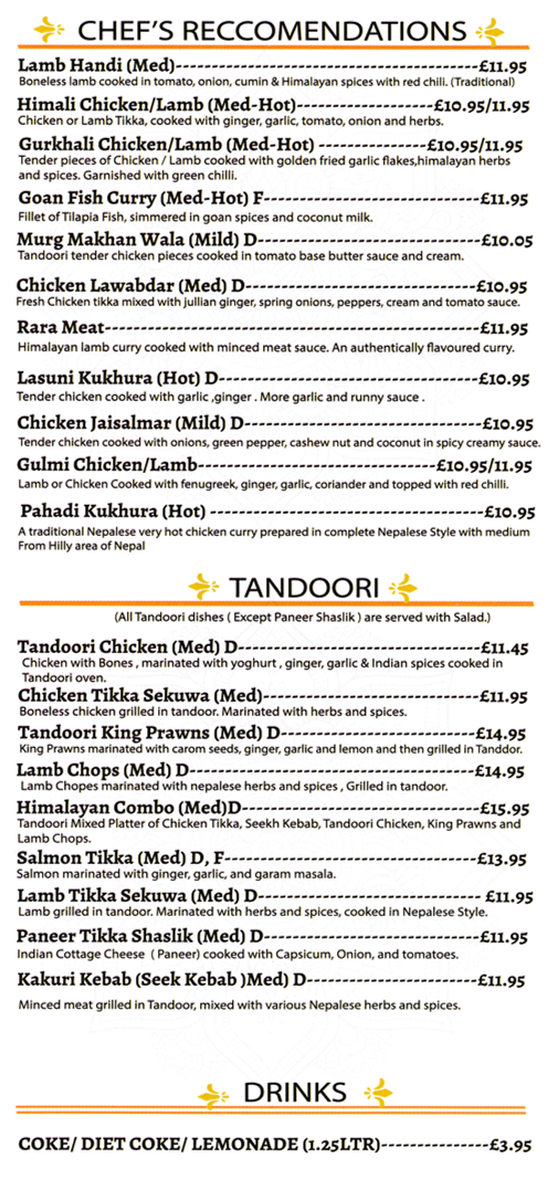 Takeaway menu for Himalayan Inn - dishes include; Tandoori Chicken, Goan Fish Curry, Murg Makhan Wala, Chicken Jaisalmar, Salmon Tikka..