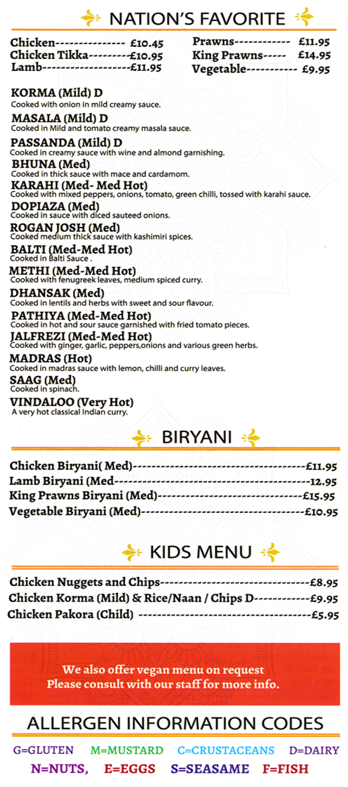 Takeaway menu for Himalayan Inn - dishes include; Rogan Josh, Balti, Methi, Madras, Korma, Masala, Vindaloo, Biryani, Dopiaza..