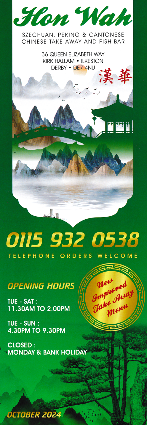 Menu for Hon Wah Chinese food and fish and chips takeaway in Kirk Hallam near Ilkeston