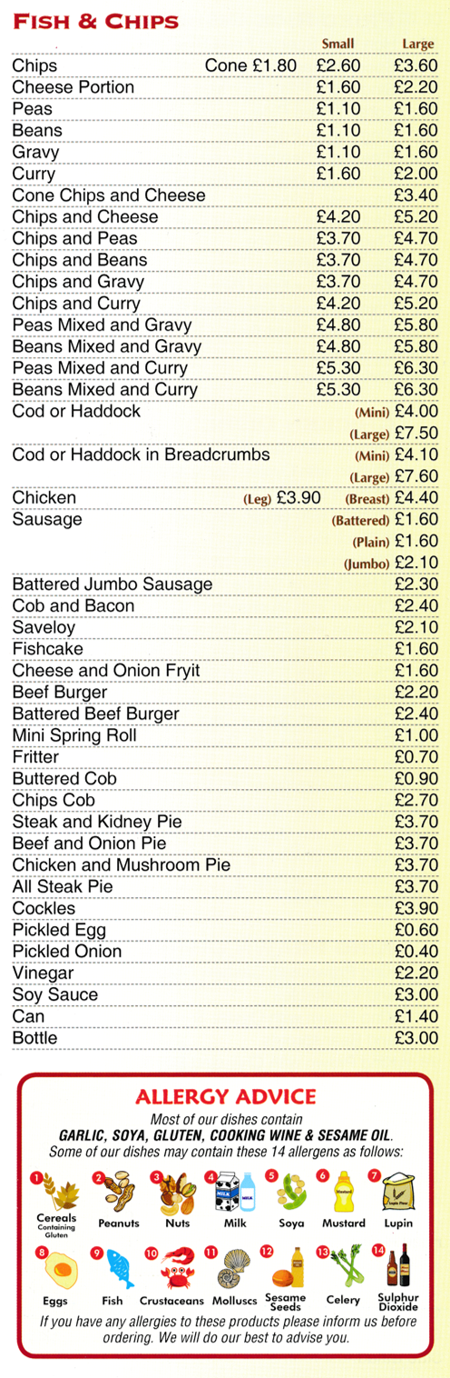 Menu for Hon Wah Menu for Hon Wah in Kirk Hallam near Ilkeston - Fish & Chips, Beef Burger, Saveloy, Fishcake, Cockles, Cod or Haddock..