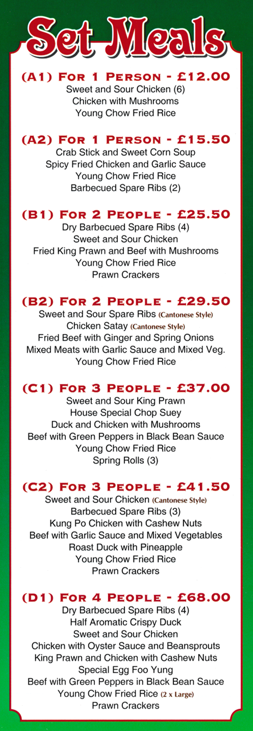 Menu for Hon Wah Chinese, Cantonese, Peking plus fish & chips takeaway in Kirk Hallam - Set Meals