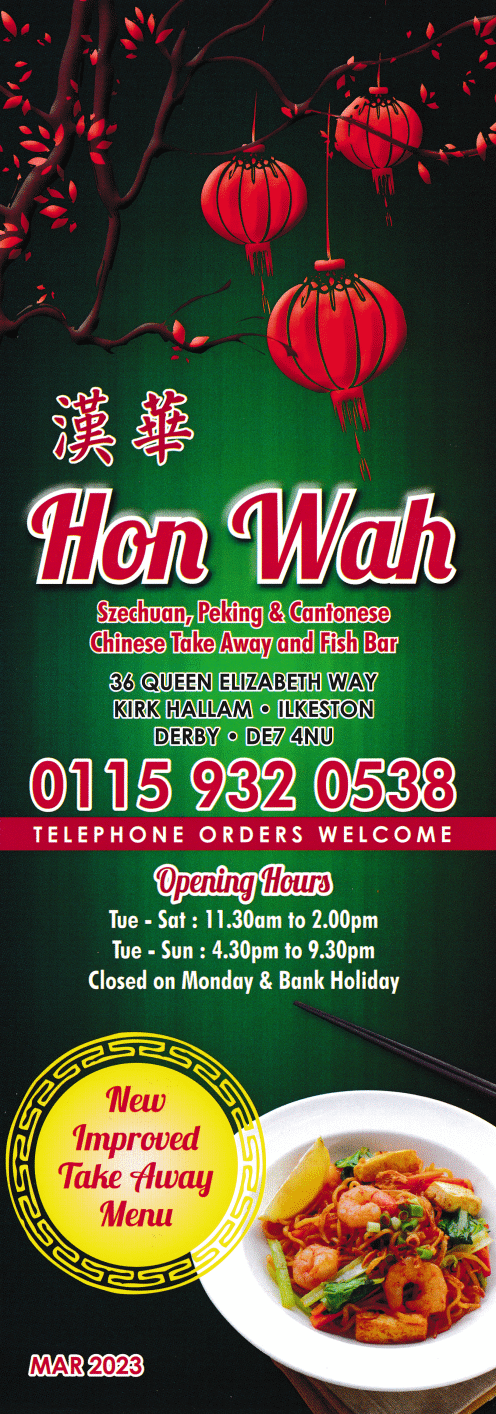 Menu for Hon Wah Chinese food and fish and chips takeaway in Kirk Hallam near Ilkeston