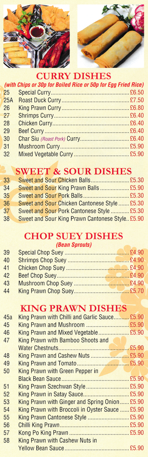 Menu for Hong Chow Chinese takeaway (Chow Mein, Egg Fried Rice, Satay Sauce, Roast Duck Curry, Smoked Shredded Chicken..)