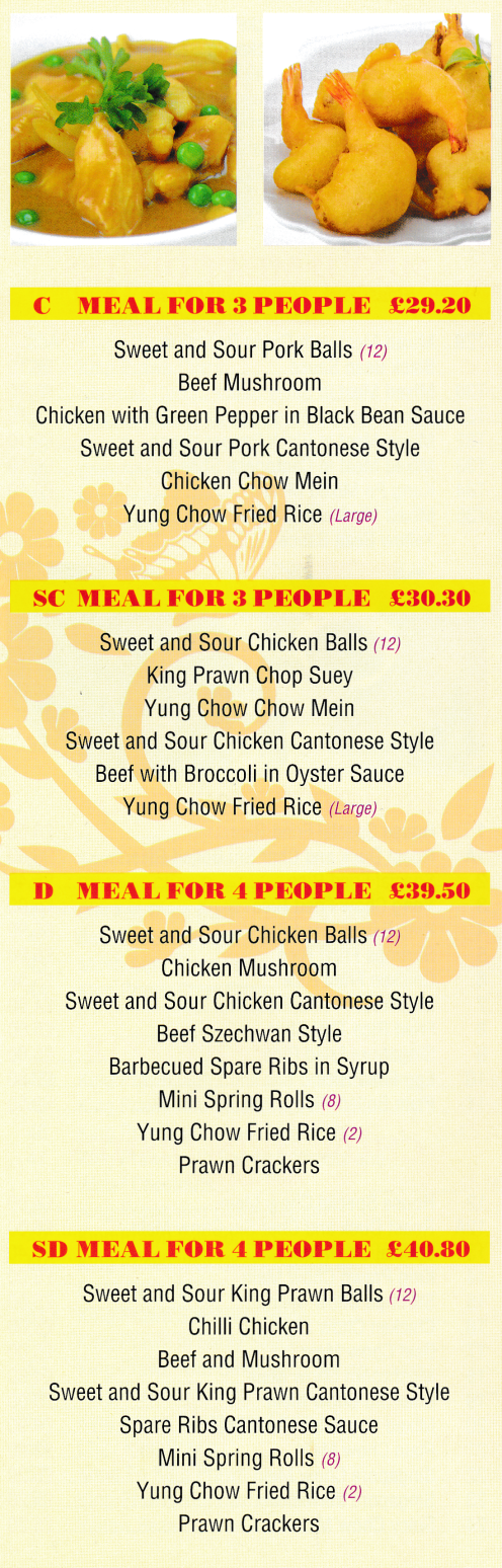 Menu for Hong Chow Chinese food takeaway on Watnall Road in Hucknall - Recommended Set Dinners