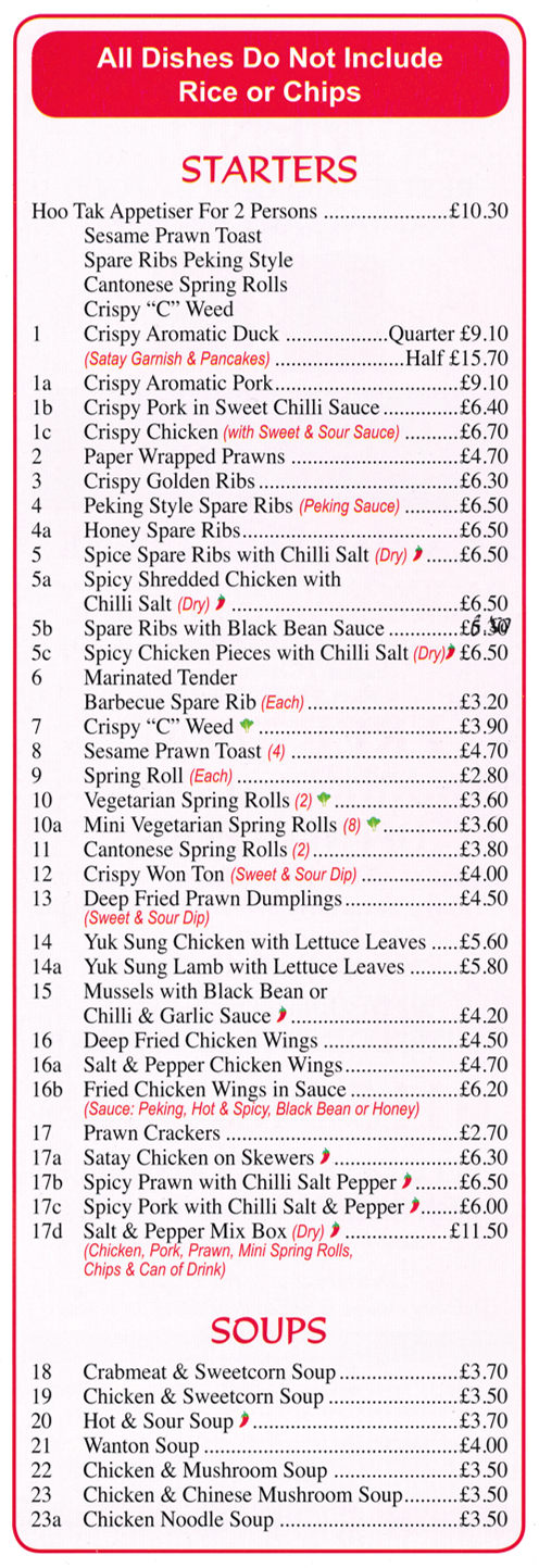Menu for Hoo Tak - Crispy Aromatic Duck, Paper Wrapped Prawns, Crispy Golden Ribs, Cantonese Spring Rolls, Sesame Prawn Toast, Szechuan Chicken, Satay Chicken on Skewers..