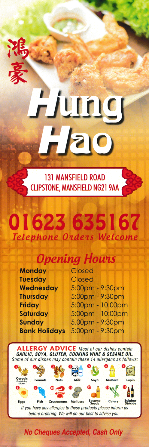 Menu for Hung Hao Chinese takeaway on Mansfield Road in Clipstone NG21 9AA