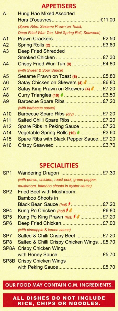 Menu for Hung Hao - Crispy Seaweed, Spare Ribs in Peking Sauce, Wandering Dragon, Kung Po King Prawn, Sesame Prawn on Toast, Satay King Prawn on Skewers, Satay Chicken on Skewers..