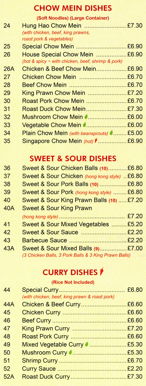 Menu for Hung Hao - Chicken Chow Mein, Sweet & Sour Pork Balls, Beef Curry, Roast Duck Chow Mein, Mushroom Curry..