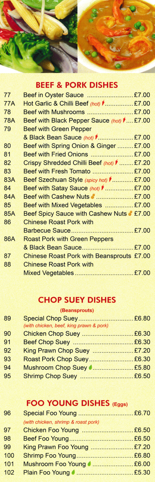 Menu for Hung Hao - Beef Szechuan Style, Chicken Chop Suey, Mushroom Foo Young, Chinese Roast Pork with Barbeque Sauce, King Prawn Chop Suey..