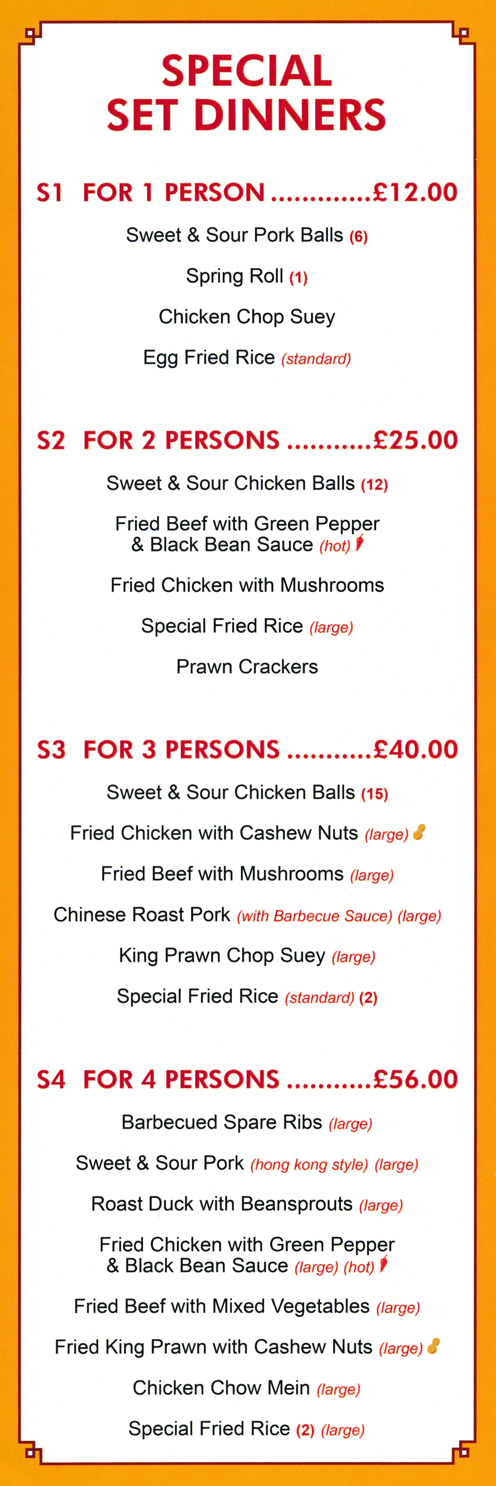 Menu for Hung Hao Chinese meals to takeaway in Clipstone - Special Set Dinners