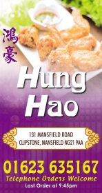 Menu for Hung Hao Chinese food takeaway on Mansfield Road in Clipstone NG21 9AA