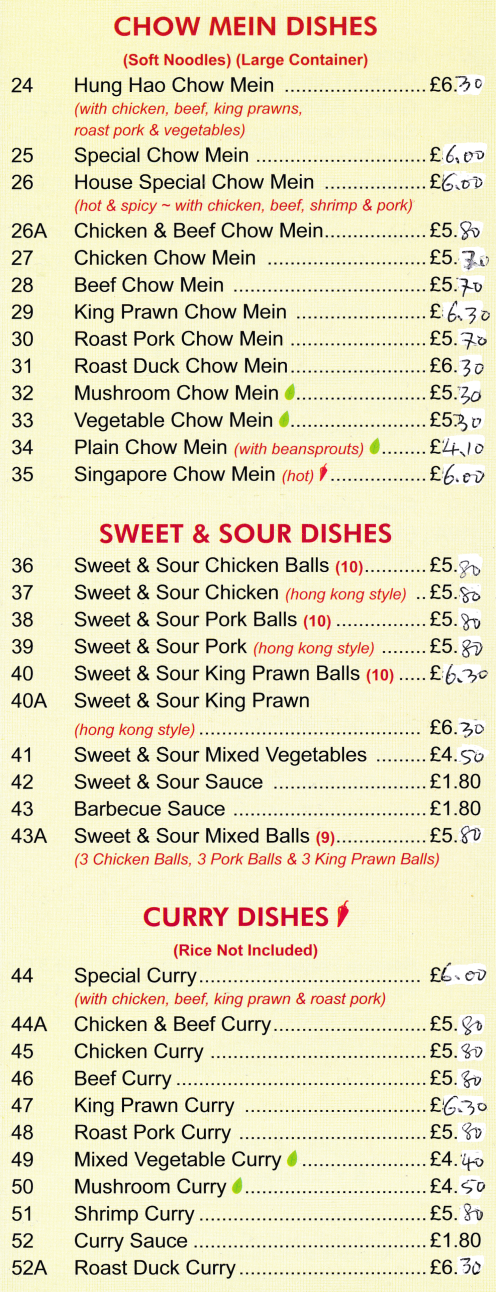 Menu for Hung Hao - Chicken Chow Mein, Sweet & Sour Pork Balls, Beef Curry, Roast Duck Chow Mein, Mushroom Curry..