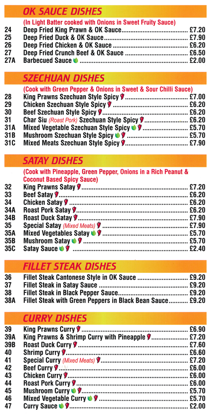 Menu for Jade Garden (King Prawn Curry, Roast Duck Satay, Deep Fried Chicken in OK Sauce, Beef Szechuan Style Spicy..)