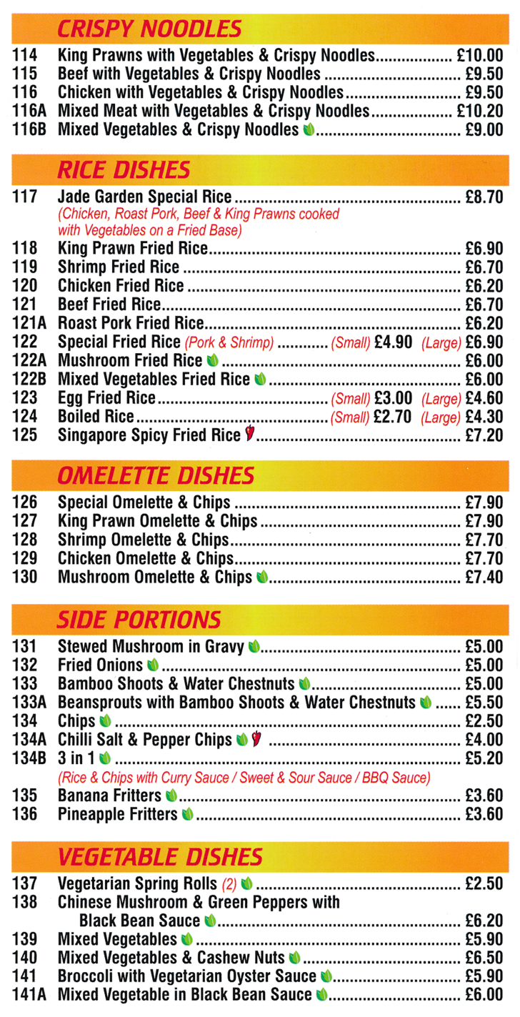 Menu for Jade Garden (King Prawn Foo Yung, Mixed Meats with Black Bean Sauce, Beef Fried Rice, Banana Fritters..)