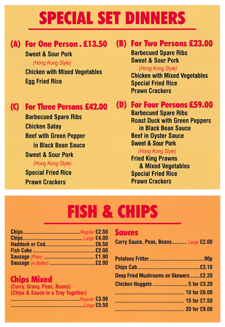 Menu for Jade Garden Chinese food takeaway in Wollaton, Nottingham - Special Set Dinners - Fish & Chips