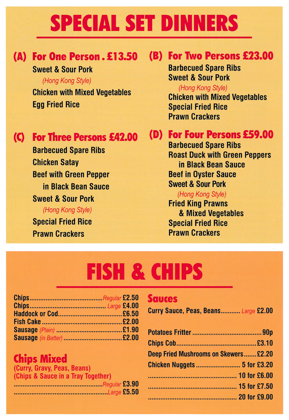 Menu for Jade Garden Chinese takeaway (Special Set Dinners, Fish & Chips..)
