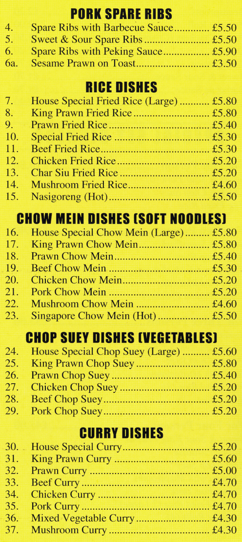 Menu for Lucks - Spare Ribs, Chow Mein, Chop Suey, Chinese Curry dishes