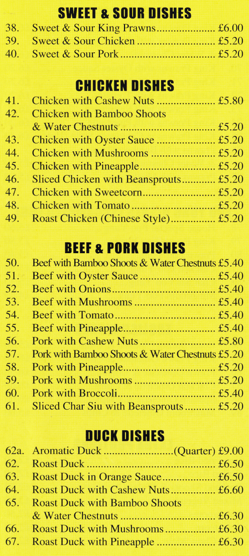 Menu for Lucks - Sweet & Sour, Oyster Sauce, Duck Dishes, Beef Dishes..