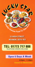 Takeaway menu for Lucky Star on High Street in Heanor, Derbyshire DE75 7EX