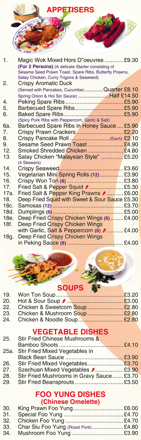Menu for Magic Wok Chinese and Thai food takeaway in Ilkeston