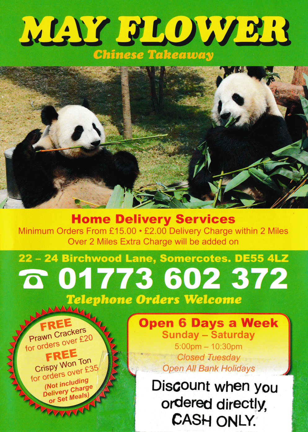 Menu for May Flower Chines and Thai food takeaway on Birchwood Lane in Somercotes, Derbyshire DE55 4LZ