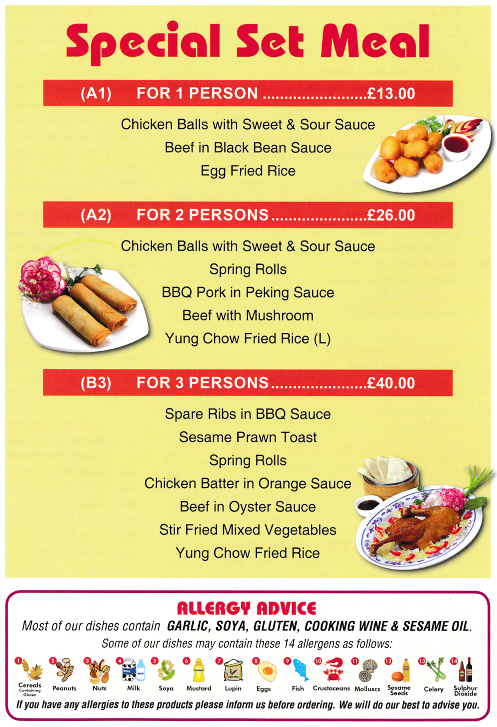 Menu for May Flower - Special Set Meals - Chinese and Thai food takeaway and delivery in Somercotes.
