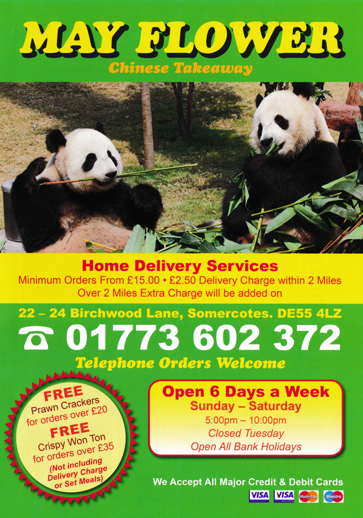 Menu for May Flower Chines and Thai food takeaway on Birchwood Lane in Somercotes, Derbyshire DE55 4LZ