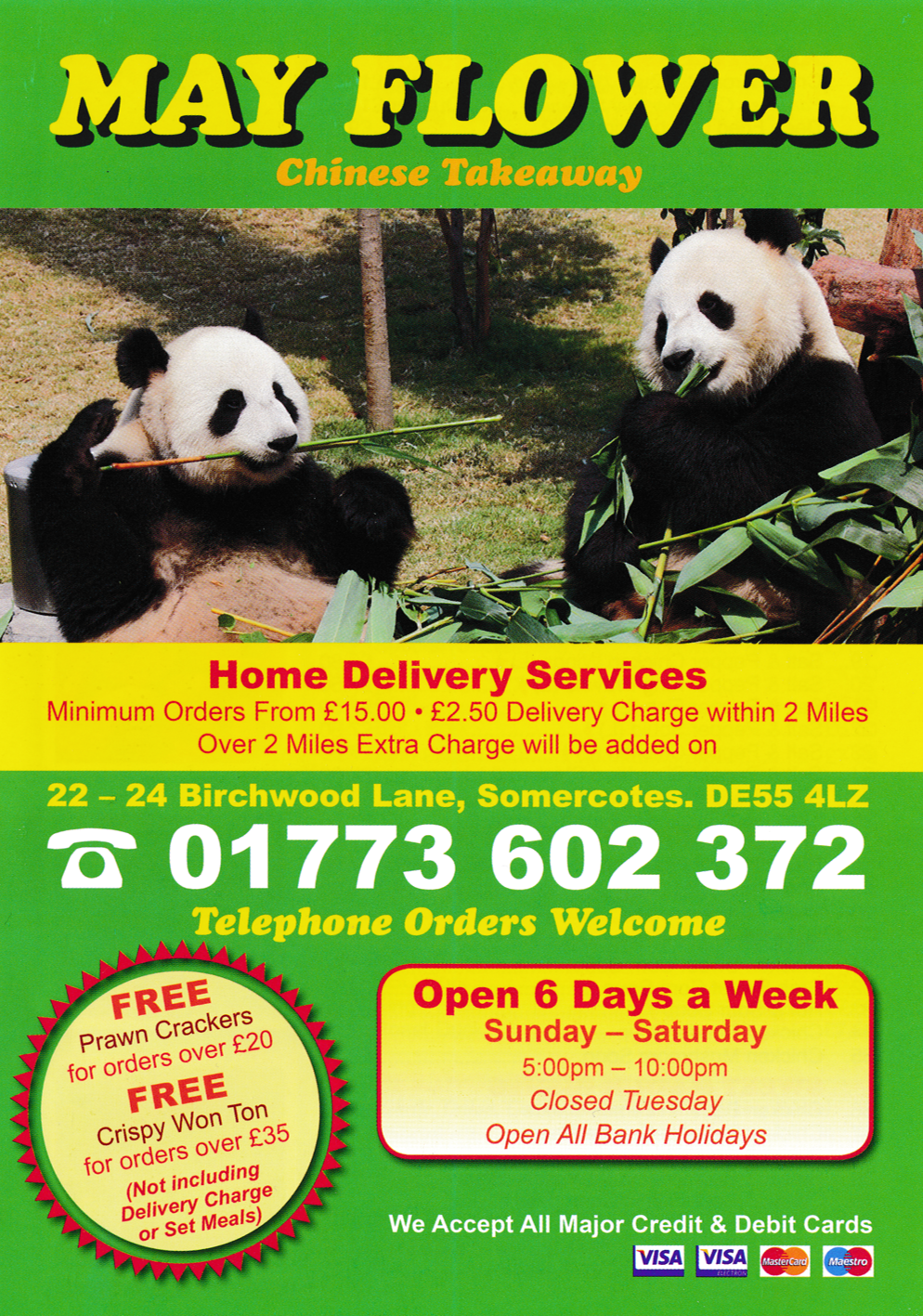 Menu for May Flower Chines and Thai food takeaway on Birchwood Lane in Somercotes, Derbyshire DE55 4LZ