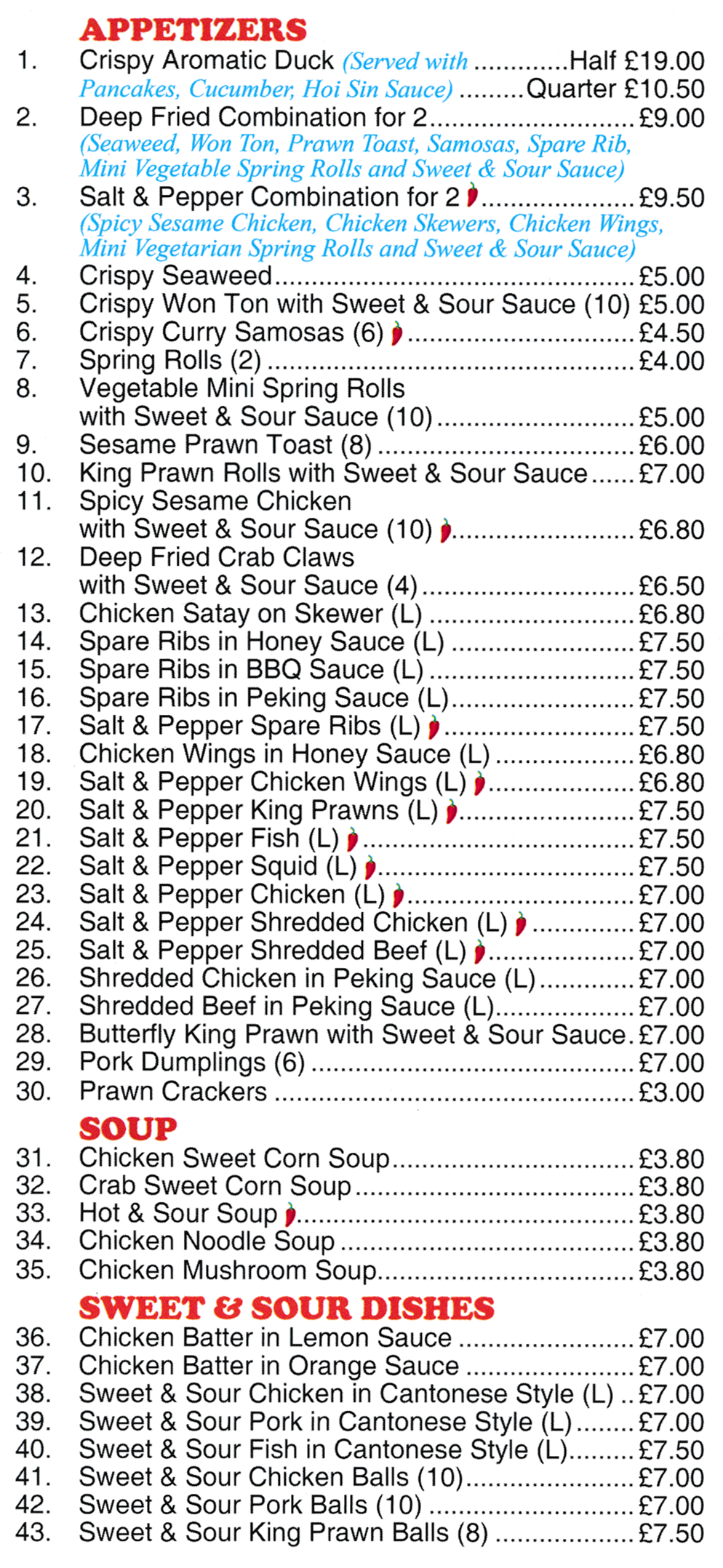 Menu for May Flower - Crispy Aromatic Duck, Crispy Seaweed, Hot & Sour Soup, Sweet & Sour Chicken Balls, Sesame Prawn Toast, Salt & Pepper Shredded Beef..