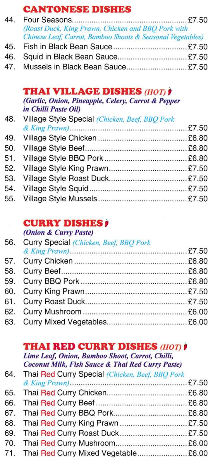 Menu for May Flower Chinese takeaway in Somercotes - dishes include; Thai Village Style Roast Duck, Mussels in Black Bean Sauce, Four Seasons, Chindese Curry King Prawn, Thai Red Curry Chicken, Thai Village Style Squid..