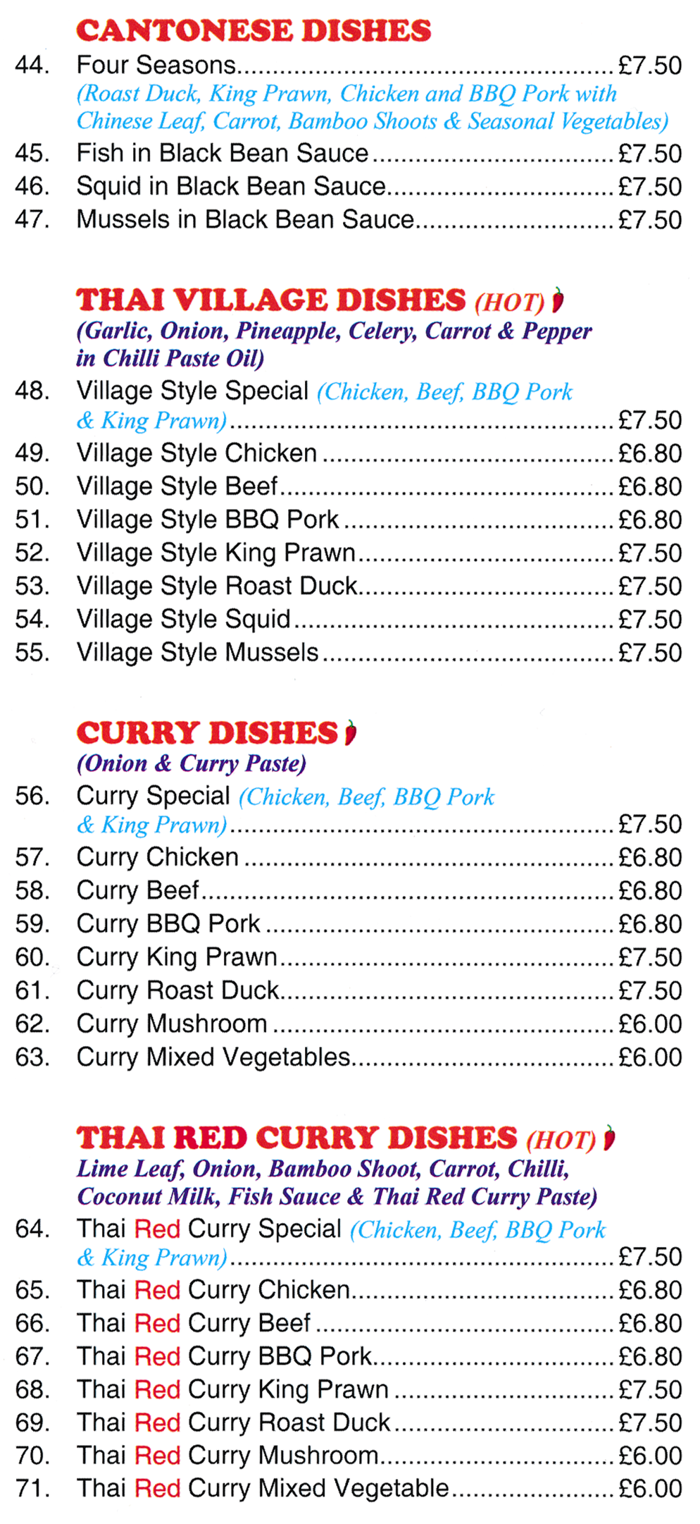Menu for May Flower Chinese takeaway in Somercotes - dishes include; Thai Village Style Roast Duck, Mussels in Black Bean Sauce, Four Seasons, Chindese Curry King Prawn, Thai Red Curry Chicken, Thai Village Style Squid..