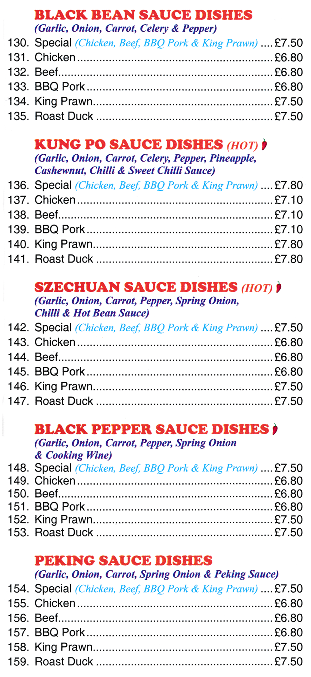 Menu for May Flower Chinese takeaway in Somercotes - dishes include; Beef in Kung Po Sauce, Chicken in Szechuan Sauce, Roast Duck in Black Pepper Sauce, BBQ Pork in Peking Sauce, King Prawns in Black Bean Sauce..