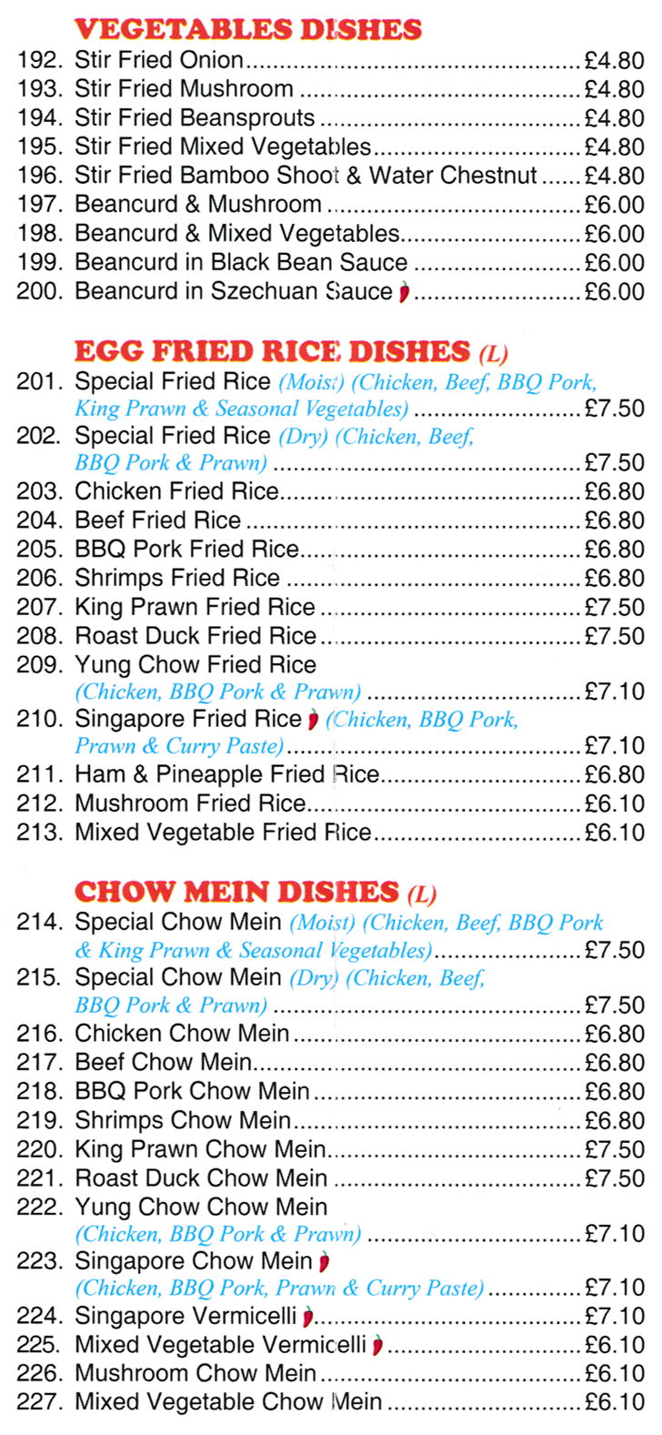 Menu for May Flower Chinese takeaway in Somercotes - dishes include; Singapore Fried Rice, Stir Fried Beansprouts, Special Chow Mein, Singapore Vermicelli, Beef Chow Mein, BBQ Pork Chow Mein, Beancurd in Szechuan Sauce..