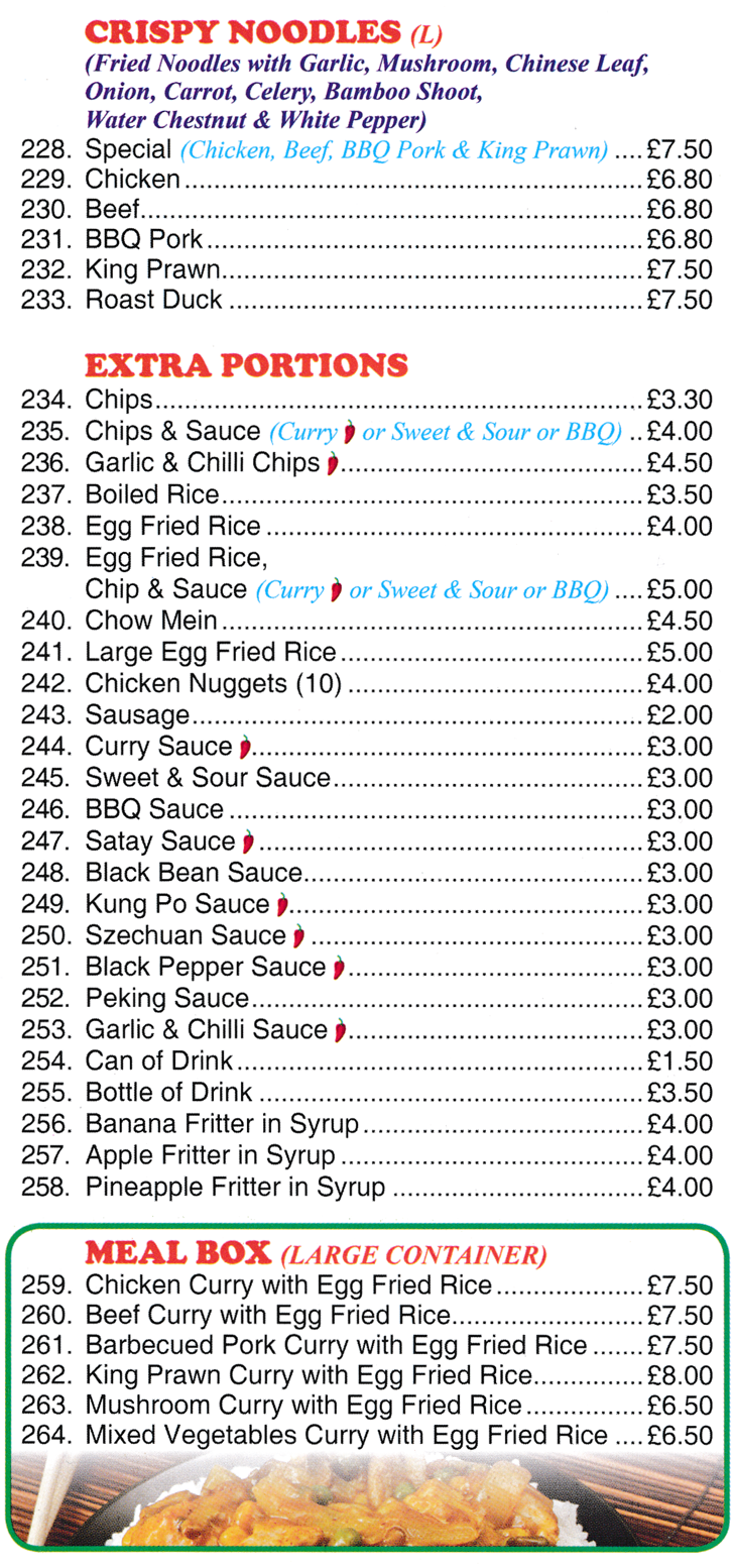 Menu for May Flower Chinese takeaway in Somercotes - Meal Boxes. Chinese, Thai and Malaysian hot meals to takeaway.