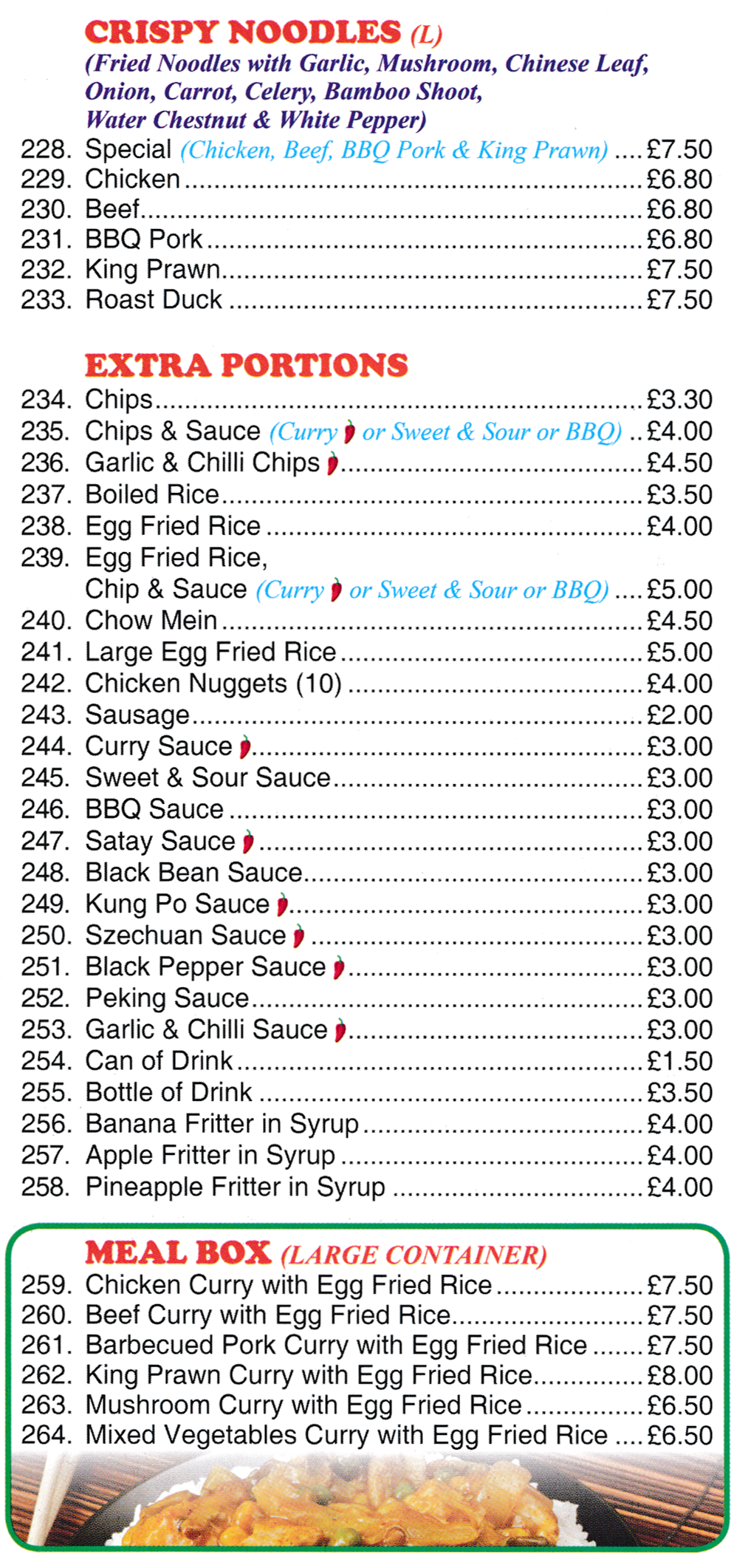 Menu for May Flower Chinese takeaway in Somercotes - Meal Boxes. Chinese, Thai and Malaysian hot meals to takeaway.