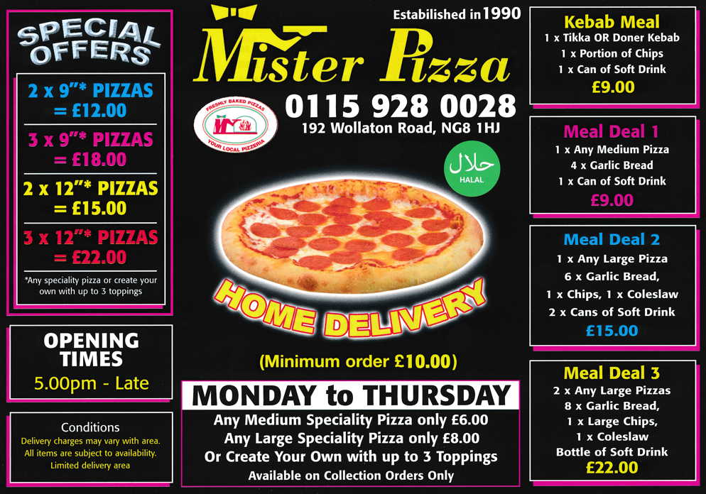 Takeaway menu for Mister Pizza on Wollaton Road in Nottingham NG8 1HJ