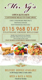 Menu for Mr Ng's Open Kitchen Chinese takeaway at Whyburn Precinct in Hucknall near Nottingham NG15 6EY