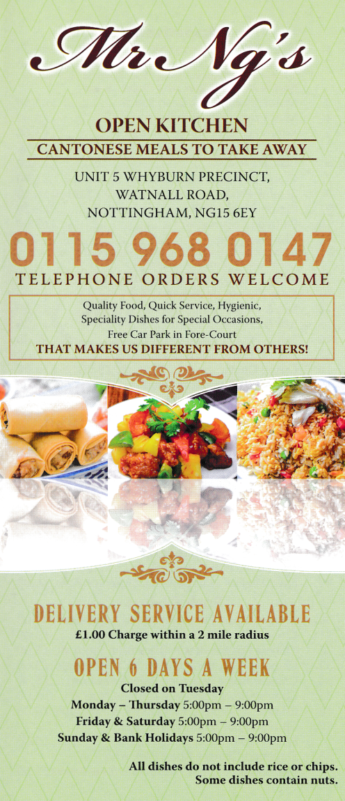 Menu for Mr Ng's Open Kitchen Chinese cuisine takeaway and delivery in Hucknall