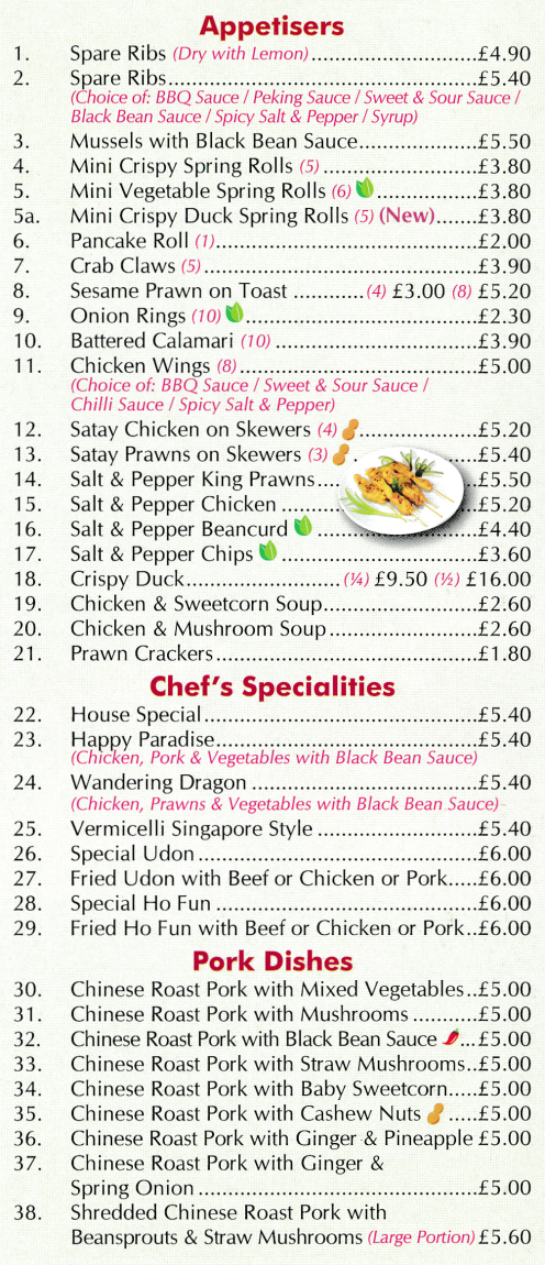 Menu for Mr Ng's (Wandering Dragon, Crab Claws, Special Ho Fung, Satay Chicken on Skewers, Spare Ribs..)